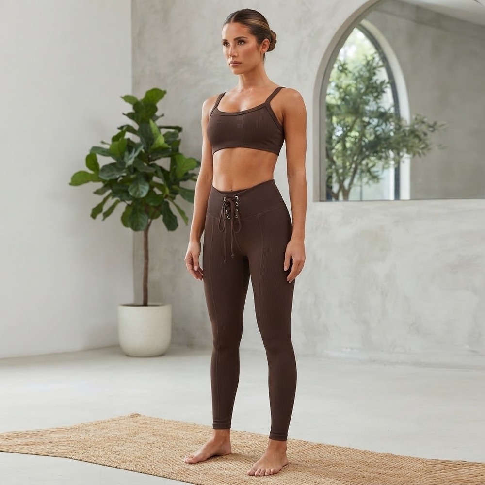 Year of Ours Ribbed Lace Up Legging and Bra Set Espresso Brown M/S